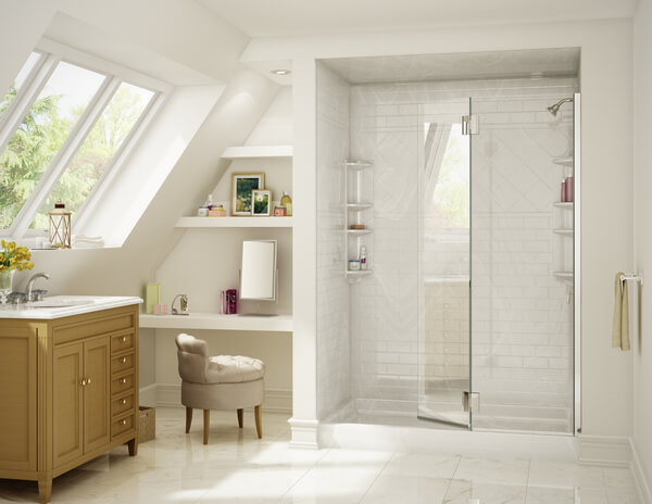 White bathroom with lots of natural light and an all white shower featuring glass door and shower shelves