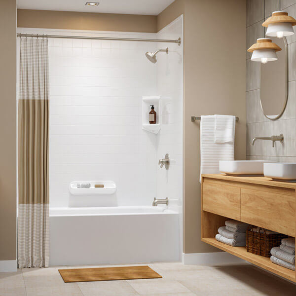 A clean wood-trimmed Scandinavian styled bathroom
